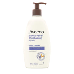 Aveeno Stress Relief lotion bottle pouring lavender scent to calm and hydrate skin.