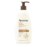 Aveeno Tono y Texture crema para cuerpo en botella, hidrata y suaviza la piel.