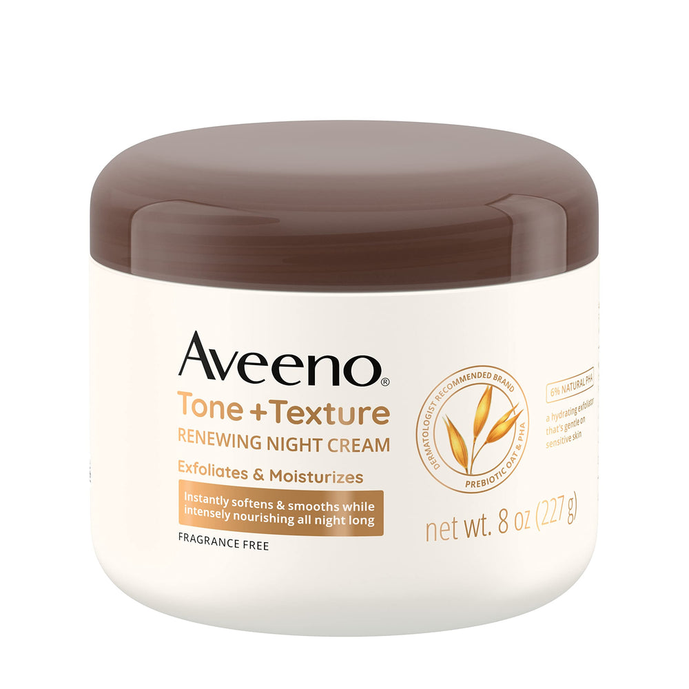 Aveeno crema de noche tono y textura renovadora en botella para exfoliar suavemente y nutrir