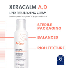 Avène XeraCalm A.D cream texture close-up highlights soothing, barrier-supporting moisturizer.