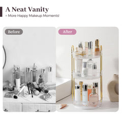 Clear spinning cosmetic organizer on dresser for easy access.