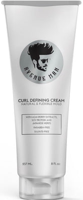 Avenue Man Curl Defining Cream jar close-up shows smooth texture for daily styling