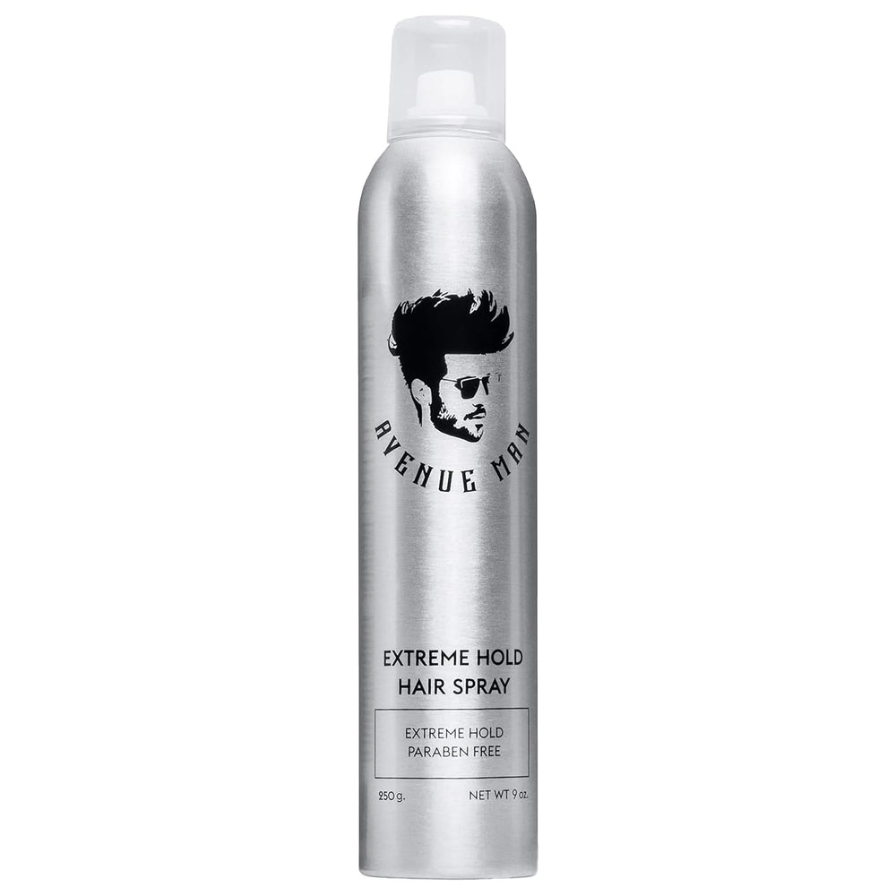 Avenue Man Extreme Hold hairspray bottle demonstrates strong all-day hold.