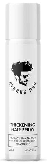 Avenue Man hair thickening spray bottle showing professional volume in a natural setting