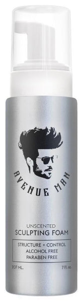 Avenue Man Unscented Sculpting Foam bottle front showing fragrance-free styling for all-day hold