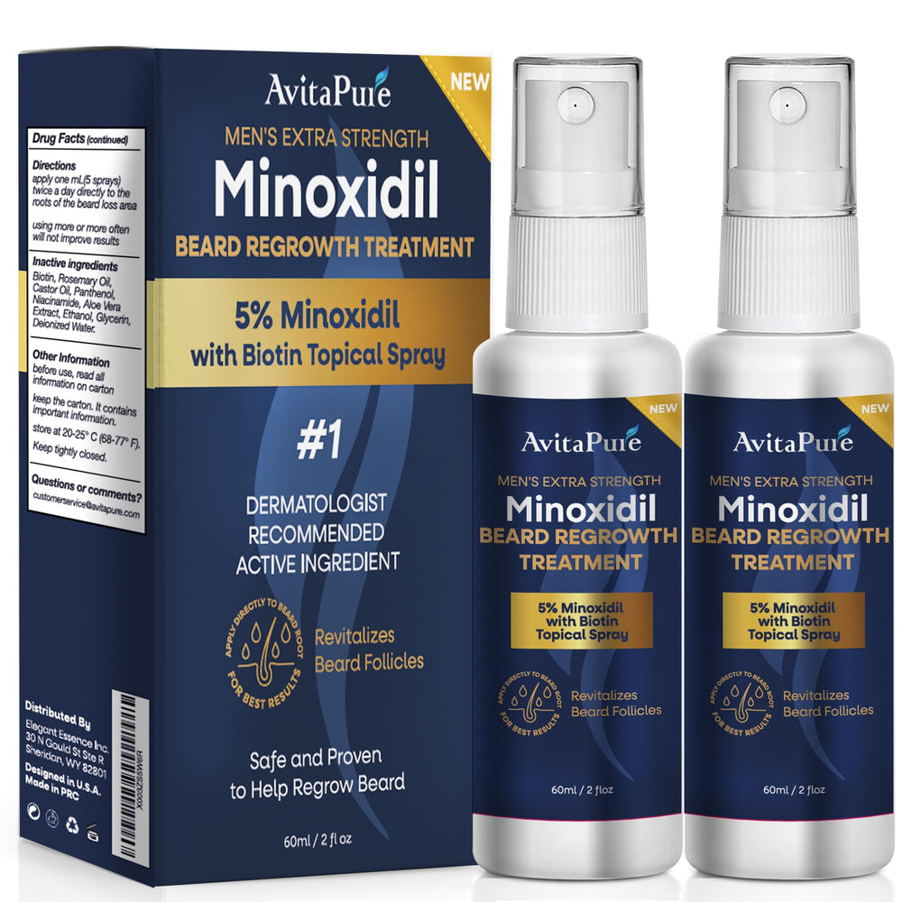 AVITAPURE beard growth oil bottle displays 5% minoxidil and biotin blend for fuller beards.