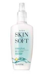 Avon Skin So Soft, botella con bomba, muestra aplicación rápida para hidratación y piel suave