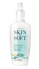 Avon Skin So Soft, botella con bomba, muestra aplicación rápida para hidratación y piel suave