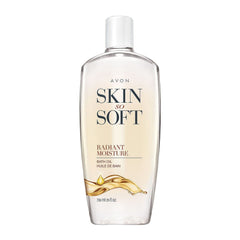 AVON Skin So Soft Radiant Moisture bath oil bottle showing glow from argan oil.