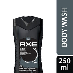 AXE Black bottle back label reveals Frozen Pear and Cedarwood notes for a fresh aroma.