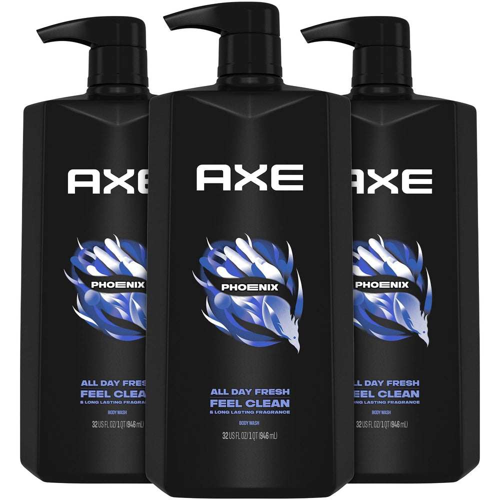 AXE Phoenix bottle-front in a three-pack, highlighting long-lasting freshness.