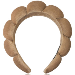 Ayesha Brown Spa Headband with fluffy velvet holds hair back for makeup application.