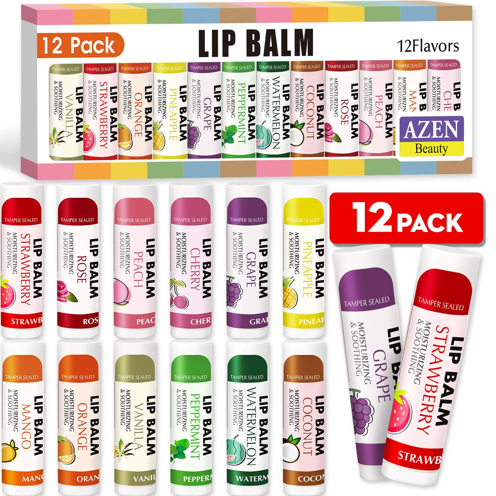 AZEN lip balm front pack showcasing 12 flavors for daily moisture.