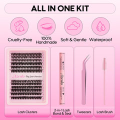 Azenlo DIY lash kit contents include all essentials for cluster extensions at home.