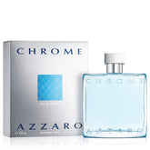 Azzaro Chrome bottle in sunlit blue glass, ideal for daily freshness.