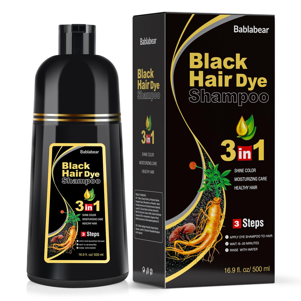Bablabear black hair dye shampoo bottle front with 3-in-1 gray coverage