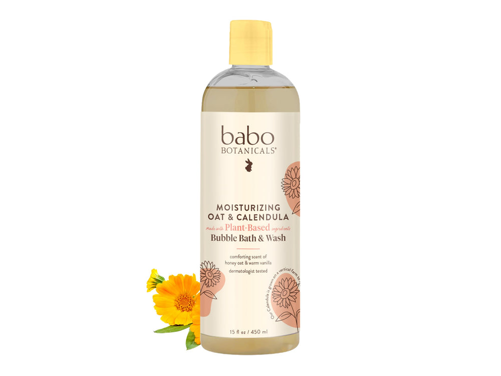 Babo Botanicals botella de baño para bebé, limpieza suave de piel sensible con cuidado diario.