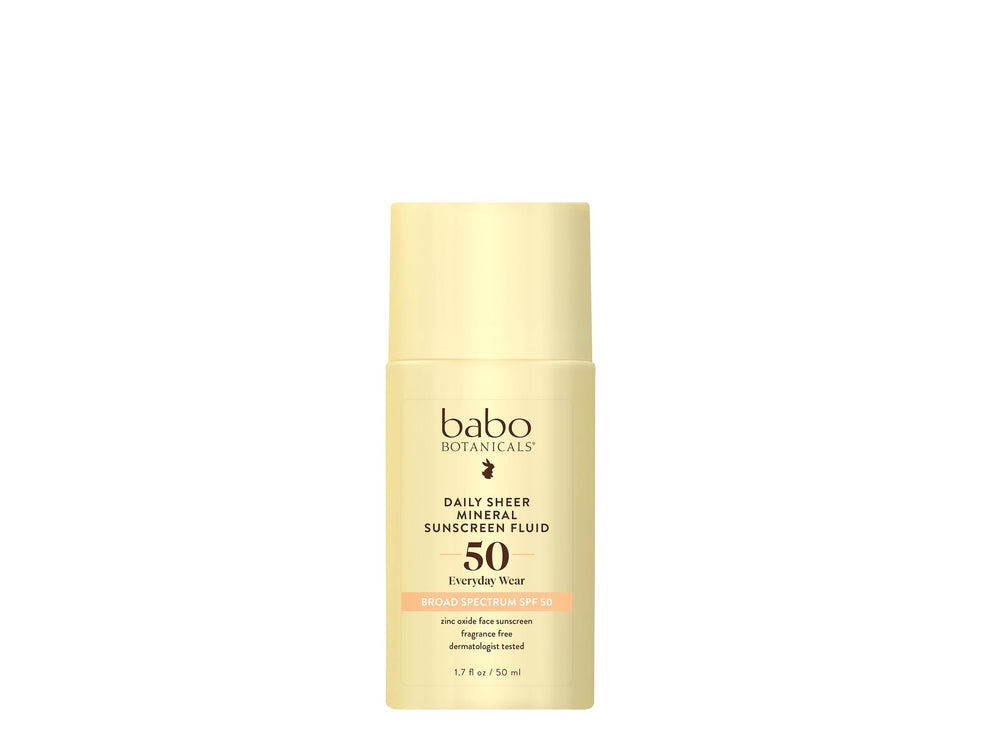 Babo Botanicals Daily Sheer Mineral Sunscreen Fluid bottle with Passion Fruit Oil for everyday protection.