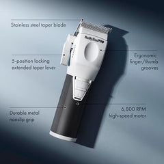 BaBylissPRO COREFX clipper top view highlights FX801J blade for precise cuts.
