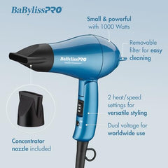 BaBylissPRO Nano Titanium Travel Dryer blue concentrator nozzle for precise styling
