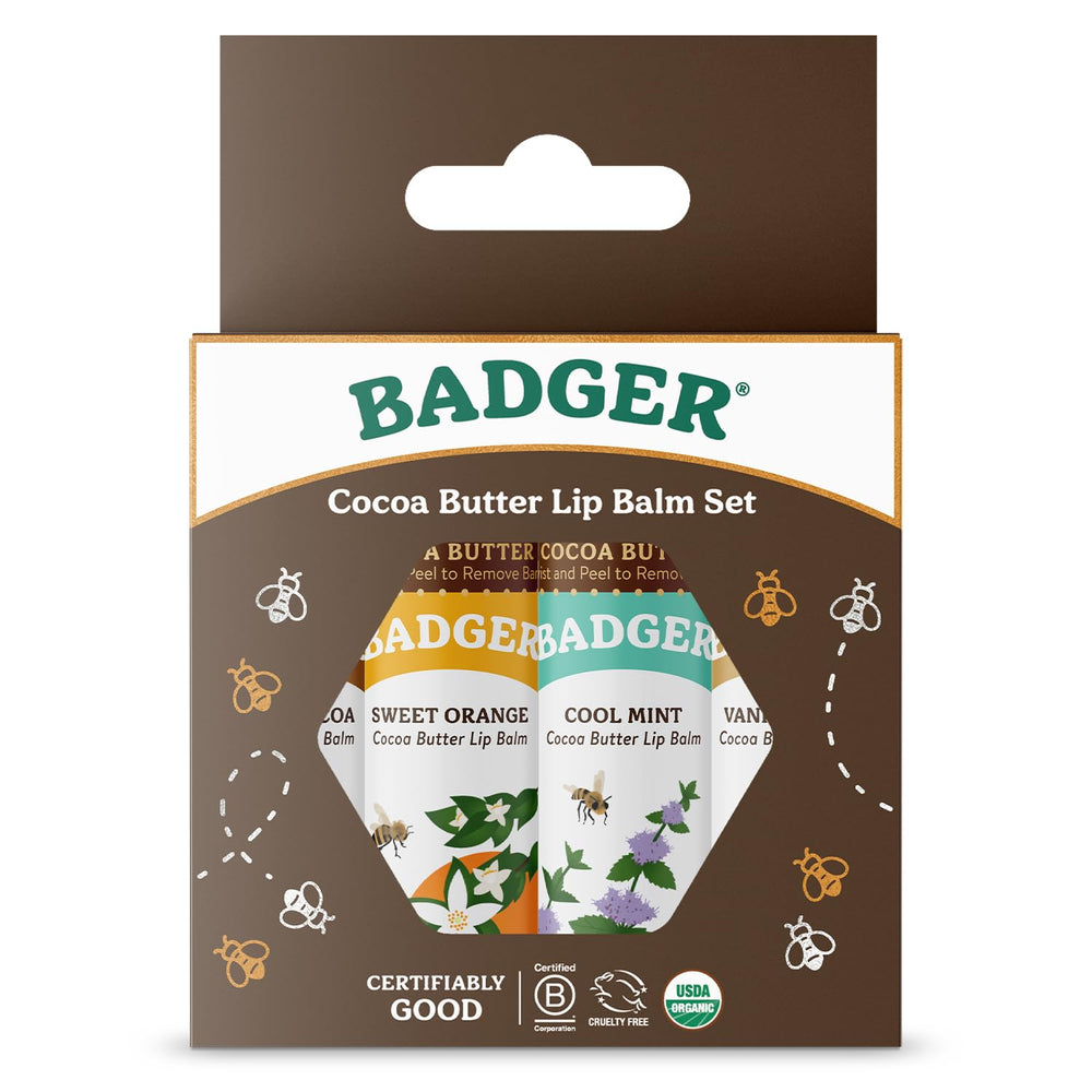 Bálsamo labial Badger cacao, frente del conjunto, hidratación duradera.