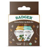 Bálsamo labial Badger cacao, frente del conjunto, hidratación duradera.