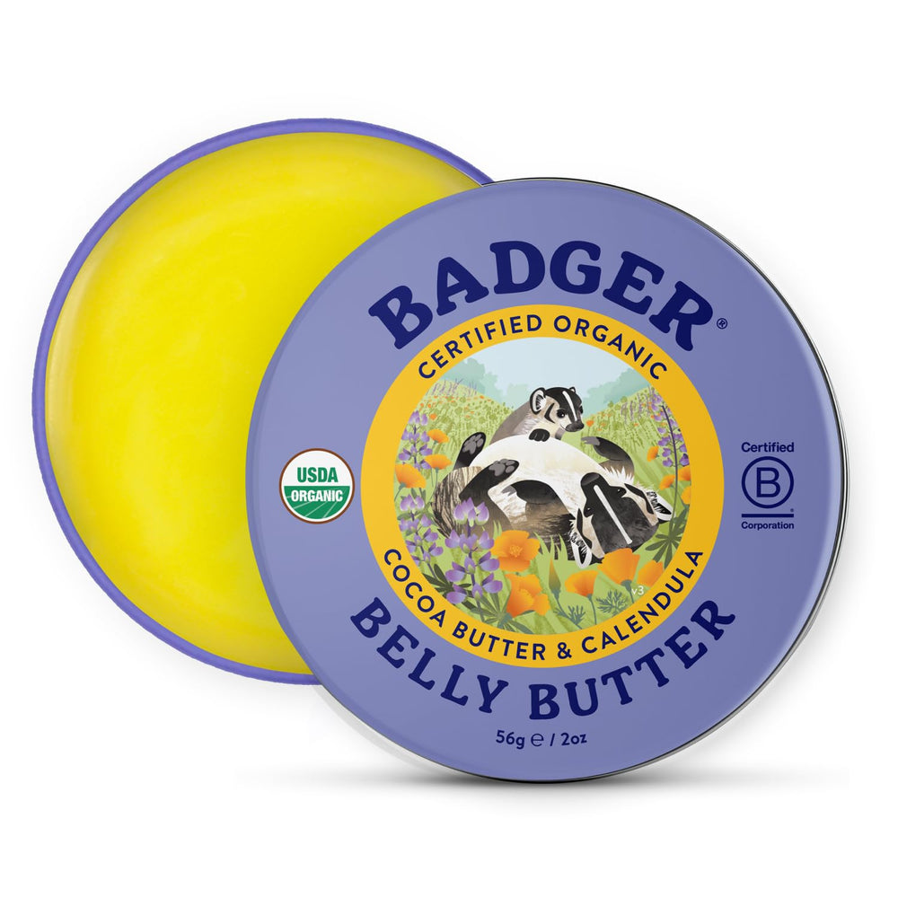 Badger Belly Butter lata 2oz, textura cremosa para hidratación profunda.