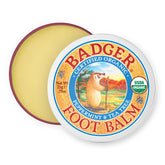 Badger Foot Balm tin packaging showing travel-friendly moisture on the go.
