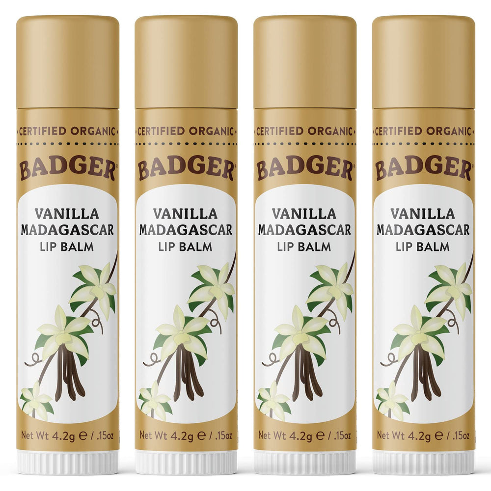 Bálsamo Badger Vanilla Madagascar, conjunto de 4, para cuidado diario de labios.