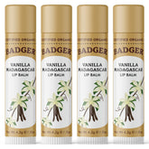 Bálsamo Badger Vanilla Madagascar, conjunto de 4, para cuidado diario de labios.