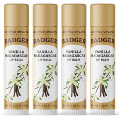 Bálsamo Badger Vanilla Madagascar, conjunto de 4, para cuidado diario de labios.