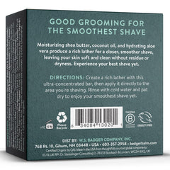 Badger Shaving Soap Puck ingredients include aloe vera, coconut oil, and shea butter for hydration.