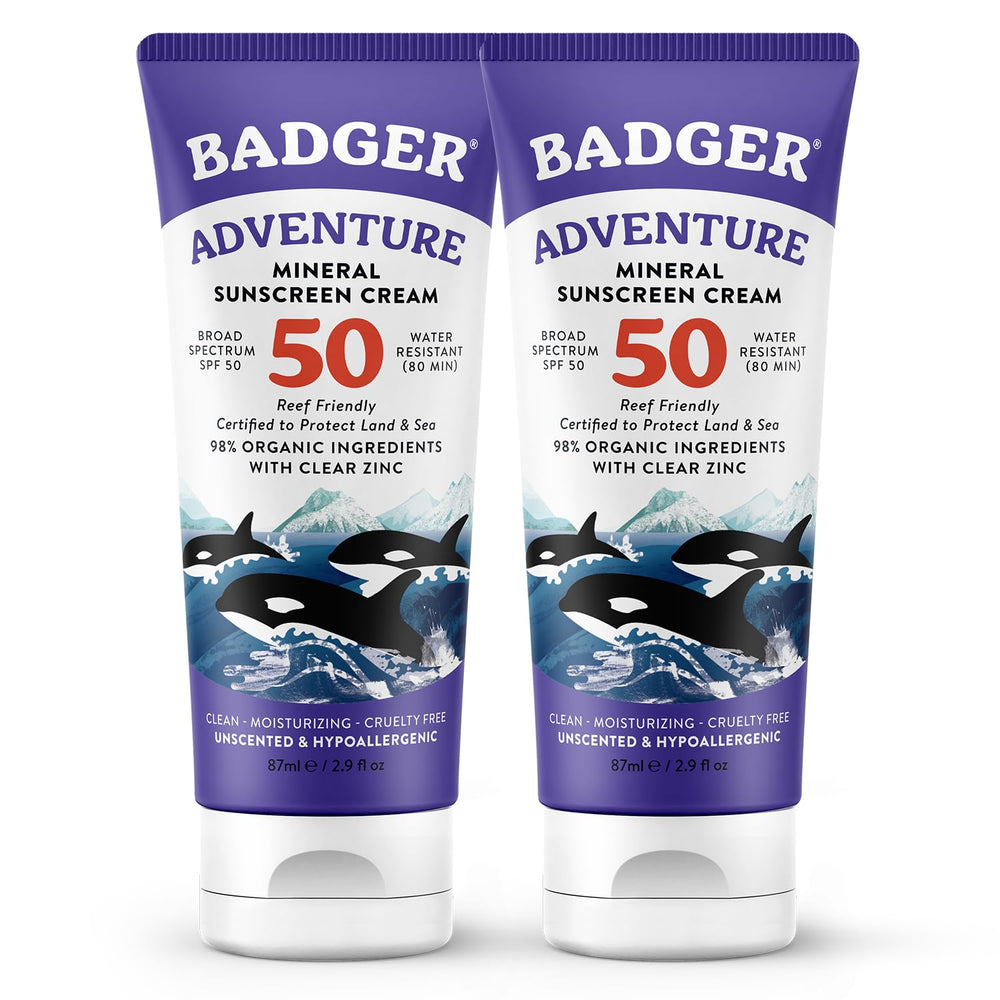 Badger reef-safe SPF 50 sunscreen bottle for beach and outdoor use.