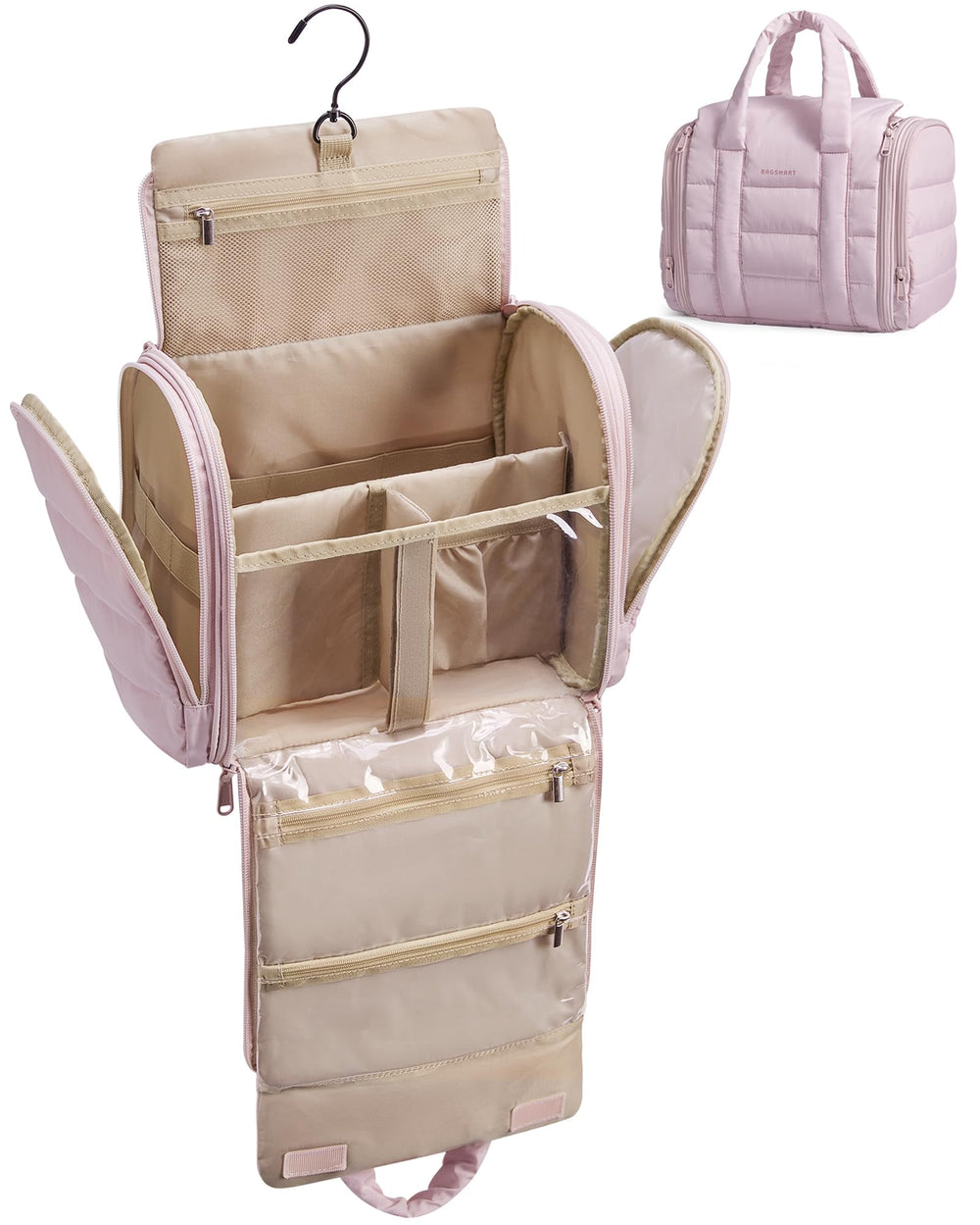 BAGSMART hanging toiletry bag with removable partition for organized packing.