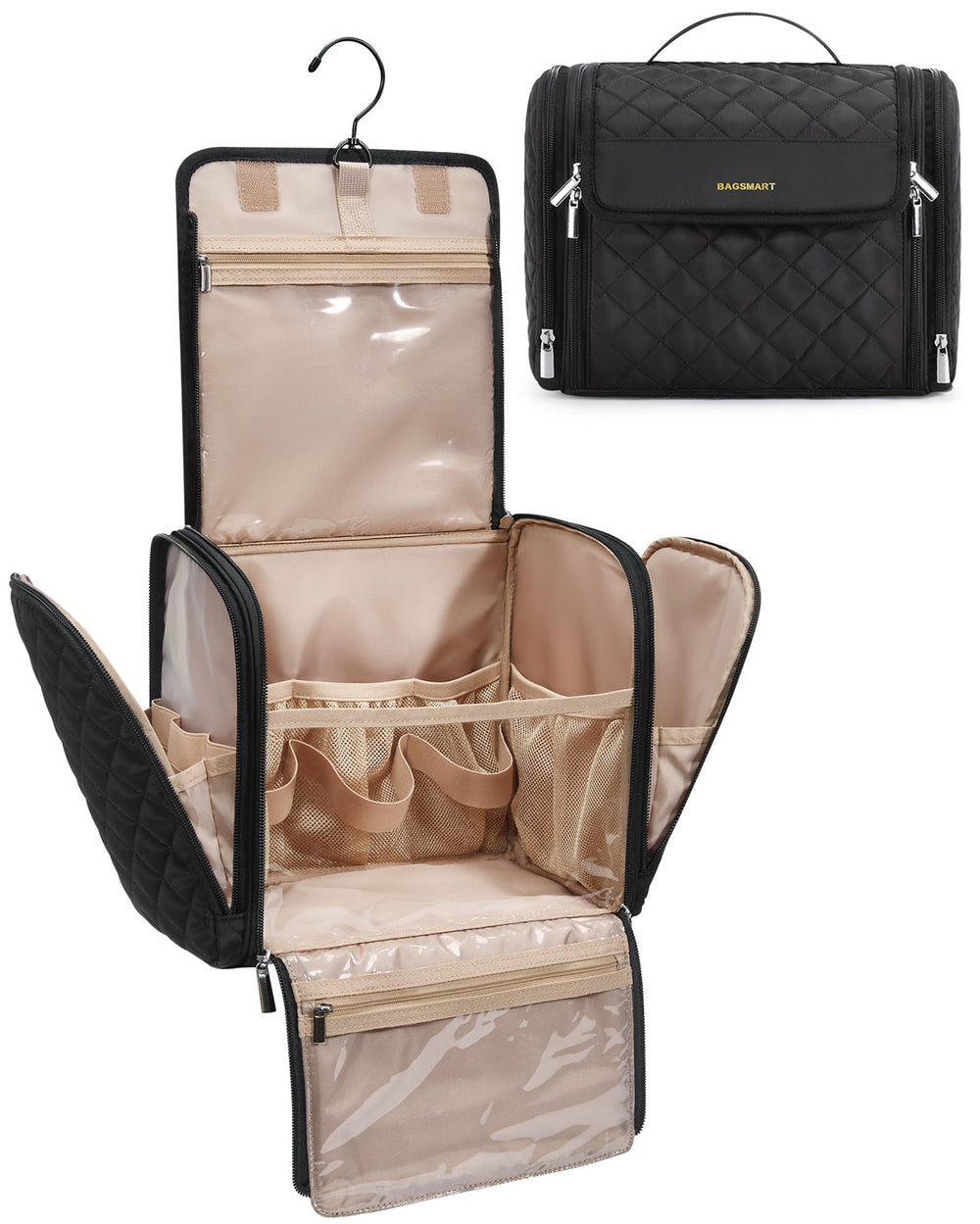 BAGSMART Hanging Travel Toiletry Bag main compartment keeps cosmetics organized on the go