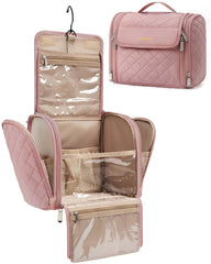 BAGSMART makeup bag with hanging hook showing large capacity for travel cosmetics.