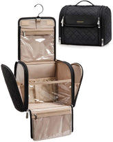 BAGSMART makeup bag with hook shows a large main compartment for full-size cosmetics