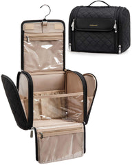 BAGSMART makeup bag with hook shows a large main compartment for full-size cosmetics