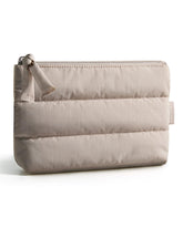 BAGSMART small makeup bag camel side view showing slim profile for easy packing