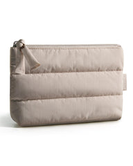 BAGSMART small makeup bag camel side view showing slim profile for easy packing