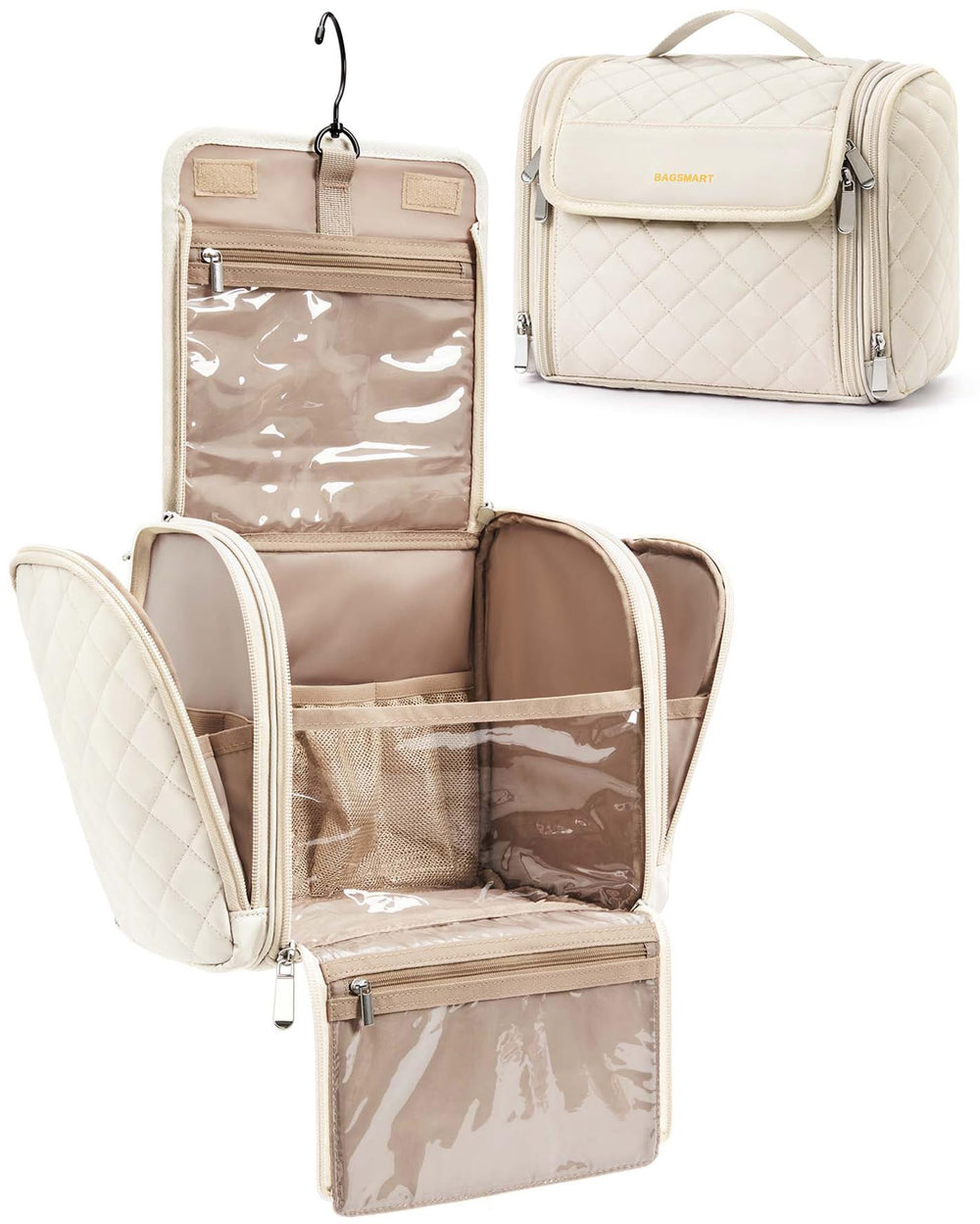 BAGSMART toiletry bag with hanging hook for easy travel organization.