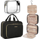 BAGSMART hanging toiletry bag in a hotel bathroom with easy access on the hook.