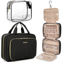 BAGSMART hanging toiletry bag in a hotel bathroom with easy access on the hook.