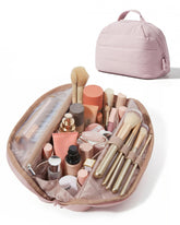 BAGSMART travel makeup bag in baby pink with fold-down design for quick access.