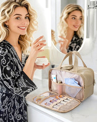 BAGSMART travel toiletry bag interior with compartments for cosmetics and brushes.
