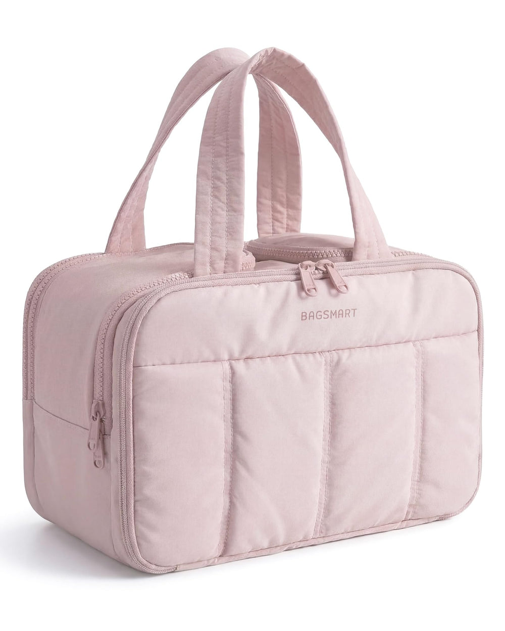 BAGSMART travel toiletry bag in pink with a large opening for easy packing.