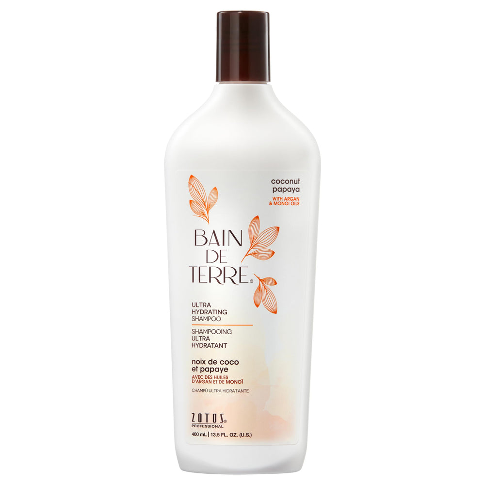 Bain de Terre Coconut Papaya Champú, botella frontal, hidratación profunda para cabello seco.