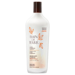 Bain de Terre Coconut Papaya Champú, botella frontal, hidratación profunda para cabello seco.