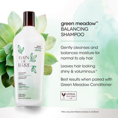 Bain de Terre Green Meadow Balancing Shampoo argan oil infusion visual emphasizing deep conditioning.