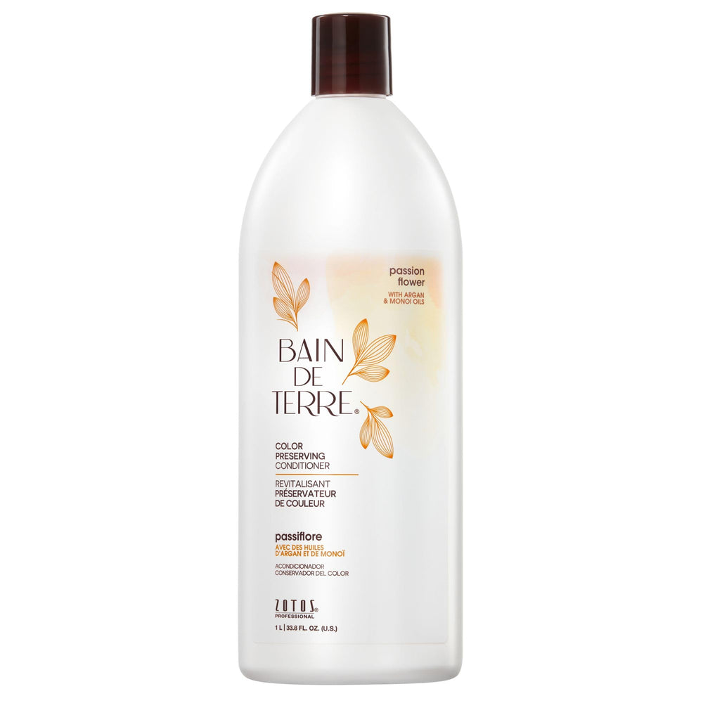 Bain de Terre Passion Flower bottle pour demonstrates color protection and luxurious conditioning.